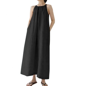 Robes de plage sans manches de couleur unie robe d'été en lin et coton grande taille pour femmes - Product Image 4