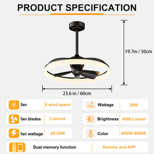 23.6'' Black Frame Ceiling Fan <b>Light</b> Summer‑Winter Reversible Airflow 1‑2H <b>Timer</b> Memory 10‑100% Brightness Adjustable Fandelier - Product Image 6