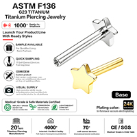 Labret à filetage interne en titane ASTM F136, finition étoile, plaqué or PVD, pour piercing cartilage, hélix, tragus, accessoires de bijoux