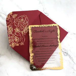 2023 Hot Sale Clear Acrylic with Gold Edges Wedding Invitation Acrylic Crafts Match Floral Paper Envelopes