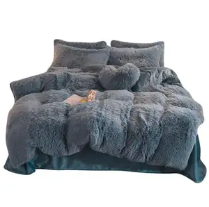 Winter soft and warm plush fleece velvet 4 pieces bedding set duvet cover set in sold navy color for home textile