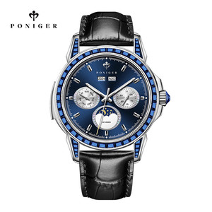 Montre mécanique squelette PONIGER P6.25, forme carrée, mouvement multifonction, aiguilles lumineuses, lunette incrustée de bijoux, couronne, boîtier en acier - Product Image 5