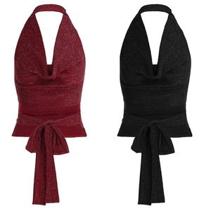 Top Halter pour boîte de nuit - Débardeur court sexy pour femme, dos nu, décolleté drapé, lien à nouer à la taille, bustier pour rave et festival, respirant et écologique - Product Image 6