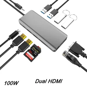 USB-C מחשב נייד עגינה USB-C רכזת 11in1 תצוגה משולשת (כפולה 4K HDMI & VGA) סוג-C מתאם עבור HP Dell MacBook Pro וחלון