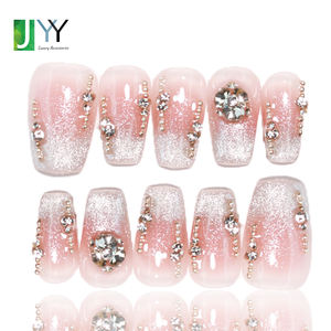 Lot de 10 faux ongles épais en acrylique PMMA, faits à la main, avec gel pailleté et diamants, à presser, forme cercueil, pour femmes, vente en gros - Product Image 1