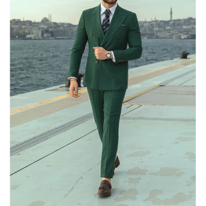 Costume de luxe vert à rayures fines pour homme, croisé, avec fente dorsale, revers pointus, ensemble formel 2 pièces (veste et pantalon) sur mesure - Product Image 2