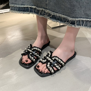 Sandales d'été pour femmes à bout carré avec pompon, respirantes, confortables, style français, pour les loisirs, en tissu - Product Image 2