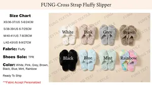 Fung Stock Woman Cross Strap TPR Sole Fluffy Fuzzy Indoor Plush Faux Fur Slippers