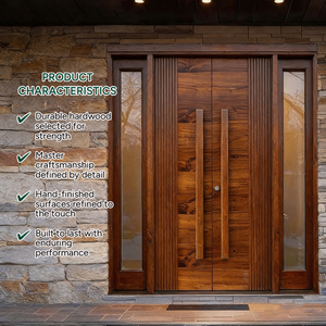 Puerta de Entrada Doble Clásica de Madera Maciza para Exterior con Paneles Laterales de Vidrio y Diseño de Franjas Decorativas GA-51S Villa Manual Swing - Product Image 2