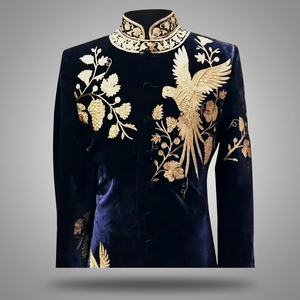 Stunning Embroidery on Stylish Navy Velvet Sherwani ,<b>pant</b> Dress Men's Suits & Blazer>Men's Suits - Product Image 3