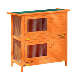 Jaula para conejos de madera grande rectangular marrón con techo verde para exteriores - Product Image 1