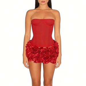 Women's Strapless Corset <b>Top</b> & 3D Floral Mini Skirt Set - Lace-Up Back Corset With <b>Rose</b> Hem Skirt 2 Piece Set Fashion - Product Image 3