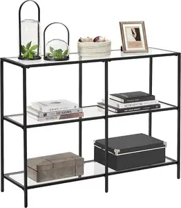 Modern Black Tempered Glass Console Table with Metal Frame Entryway Table Hallway Living Room