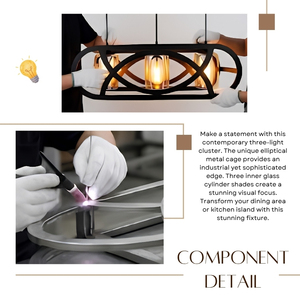Suspension linéaire industrielle noire à 3 lumières en cage métallique elliptique pour îlot de cuisine - Product Image 5