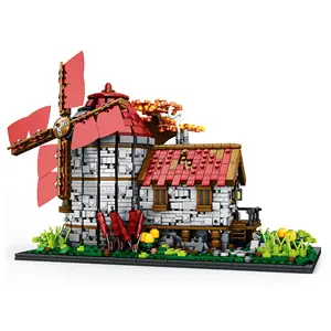 Reobrix 66014 mainan rakitan blok bangunan, kincir angin seri kota abad pertengahan untuk hadiah anak laki-laki