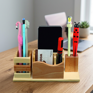 Organisateur de bureau en bois avec support pour téléphone et porte-stylo, design mignon, en bambou, fait main, cadeau de bureau - Product Image 3
