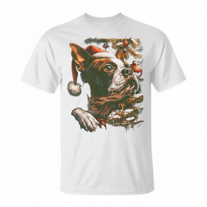 Camiseta navideña para perro Boston Terrier con gorro de Papá Noel, festiva, de invierno, para clima nevado - Product Image 2