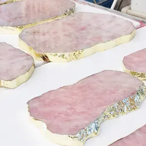 Thiết Kế Độc Đáo Tinh Thể Lớn Slice Rose Quartz Cạnh Agate Platter Khay Phiến Cho Đồ Trang Sức