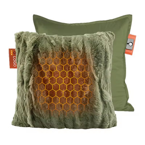 Zoned Heated Lumbar Pillow Khaki Faux Rabbit Fur Square <b>Cushion</b> With Heating Function Home Use - Product Image 1