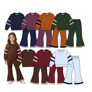 Ensemble 2 pièces personnalisable pour filles : haut à manches longues à volants et pantalon évasé, en coton confortable pour enfants - Product Image 1