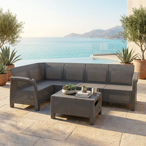 Set Divano Angolare Moderno <span class=keywords><strong>da</strong></span> Esterno a 5 Posti a Forma di L in Plastica PP, Arredamento <span class=keywords><strong>da</strong></span> <span class=keywords><strong>Giardino</strong></span> in Resina Resistente alle Intemperie per Patio - Product Image 1