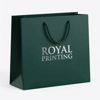Sac en papier mat vert foncé de luxe avec logo personnalisé estampé à chaud pour boutique de vêtements, chaussures, fourrures, emballage cadeau avec ruban/cordon en coton