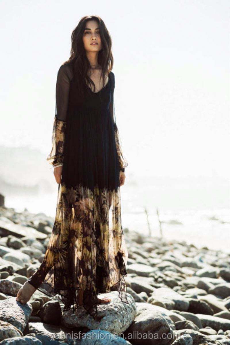 New Summer Women Maxi Dress Long Sleeve O-neck Black Vintage