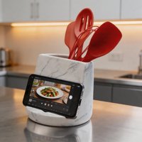 Porte-ustensiles de cuisine moderne et élégant en céramique avec surface en marbre et logo personnalisé pour une utilisation comme outil
