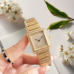 Montre pour femme de luxe en or avec strass, cadran carré, bracelet en acier inoxydable, élégante et tendance - Product Image 4