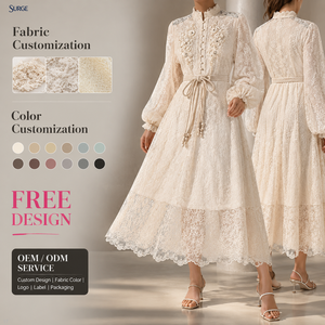 Abito Lungo Casual Bianco Personalizzato da Donna con Maniche Lunghe, Collo Alto, Maniche a Sbuffo, Ricamo in Pizzo e Cut-Out in Vita, Ideale per le Vacanze - Product Image 1