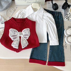 2025 Korean Bow Red Strickweste Weiß Langarmhemd Jeans hose Set Sweet Spring And Autumn Dreiteiliges Set