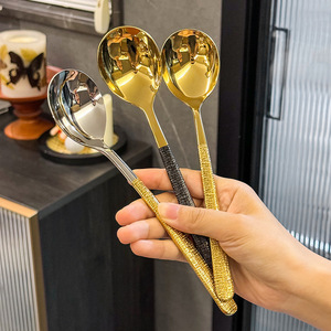 Cuchara de Sopa de Acero Inoxidable 304, Estilo Japonés, Mango Largo y Grueso, Color Negro y Dorado, Titanio, Vajilla de Dos Tonos - Product Image 1