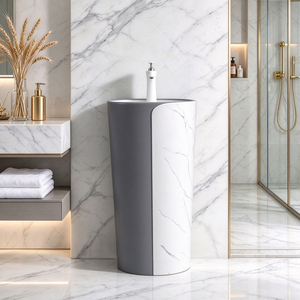 Lavabo cilindrico freestanding <span class=keywords><strong>con</strong></span> accenti in marmo bianco e lavabo a <span class=keywords><strong>colonna</strong></span> in ceramica grigio opaco per <span class=keywords><strong>bagno</strong></span> o toilette - Product Image 5
