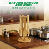 Ensemble d'ustensiles de cuisine en bambou avec support rotatif, 6 pièces, support suspendu 35 cm, organisateur d'ustensiles de cuisine naturel