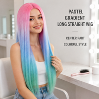 Diskon Besar Wig Non renda panjang gradien biru terang merah muda untuk anak perempuan pemakaian sehari-hari pasar Eropa Amerika trendi hiasan rambut warna-warni