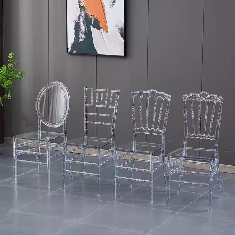 Cadeiras empilháveis para festas de casamento, cadeiras de hotel tiffany napoleon, plástico acrílico transparente de resina de cristal para eventos, por atacado