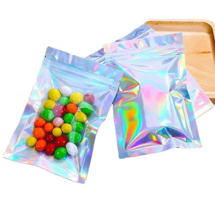 Custom resealable holographic aluminum foil mylar zipper pouch front transparent back laser film packing pouch smell proof