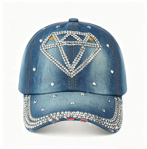 <b>Baseball</b> Hat Custom Washed Vintage <b>Baseball</b> <b>Cap</b> with Rhinestone Diamond & Brim Studs Luxurious - Product Image 1