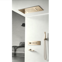 Système de douche LED encastré thermostatique avec fixation au plafond, jet de pluie, douchette à main et bec de bain, contrôle indépendant du débit