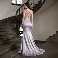 Robe de soirée trompette en satin gris platine, bretelles perlées, décolleté plongeant en V, traîne froncée effet soleil, pour bal de promo, concours de beauté, soirée, sur mesure