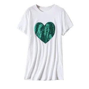 Multi Color Heart shape Sequins Cotton T-Shirts Reversible O-Neck Beading magical color changing sequins Tees Discoloration Tops