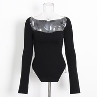 Damen pullover Langarm Vierkant ausschnitt Schulter unregelmäßig Slim Fit Bottom ing Top Einfarbige Pullover Pendler Strickwaren