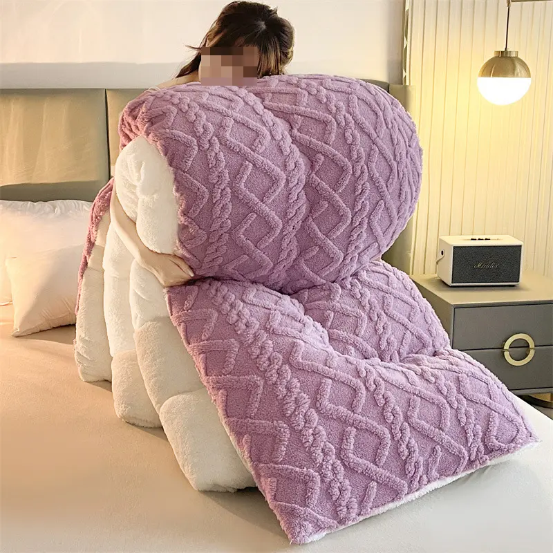 Jacquard प्लेड मोटी ऊन मखमल Duvet सर्दियों नरम गर्म शुद्ध रंग राजा आकार बिस्तर रजाई