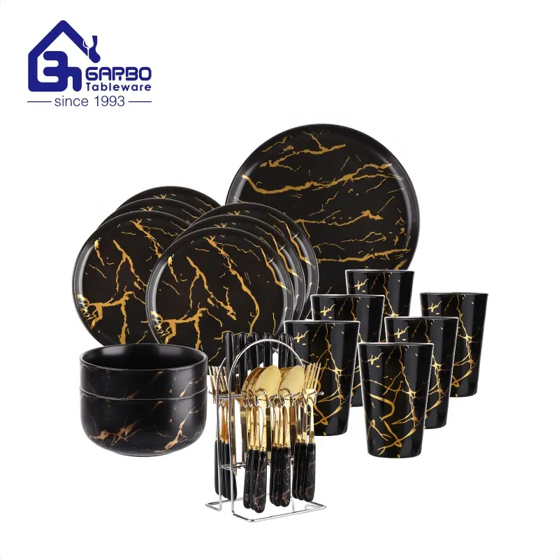 Luxury black marble dinnerware sets 10" dinner plate 6" salad plate 6.2"soup bowl 170ml cups and 24pcs cutlery sets with handle