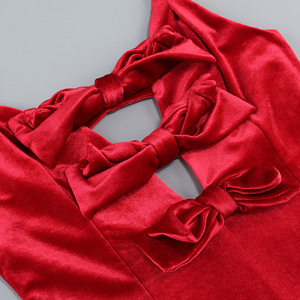 Abito lungo da <span class=keywords><strong>sera</strong></span> da donna in velluto rosso, sexy, con scollo a V, spalline sottili, fiocco, vita impero, senza maniche, senza schienale, lunghezza maxi - Product Image 4