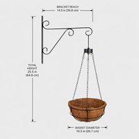 Panier suspendu éco-responsable pour plantes avec éclairage solaire, doublure en fibre de coco, chaîne et support mural en fer courbé, décoration pour la maison et le jardin