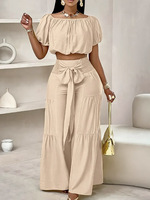 Nouvel ensemble 2 pièces pantalon large taille haute couleur unie légèrement évasé pour femme, style européen et américain, écologique, idéal pour l'été et les loisirs