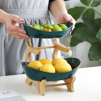Modern Design Keramische 3-Layer Fruitschaal Met Houten Plank Voor Keukengerei