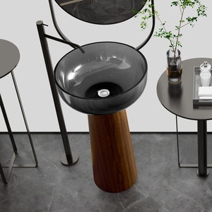 Lavabo independiente moderno <span class=keywords><strong>con</strong></span> base de acero inoxidable de grano de madera y lavabo de resina transparente gris lavabo de <span class=keywords><strong>pedestal</strong></span> de baño artístico - Product Image 3