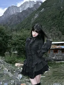 Robe mini noire gothique en dentelle pour <span class=keywords><strong>femme</strong></span>, style Y2K, streetwear japonais, Lolita, col rond, manches longues, costumes Lolita épicés - Product Image 5